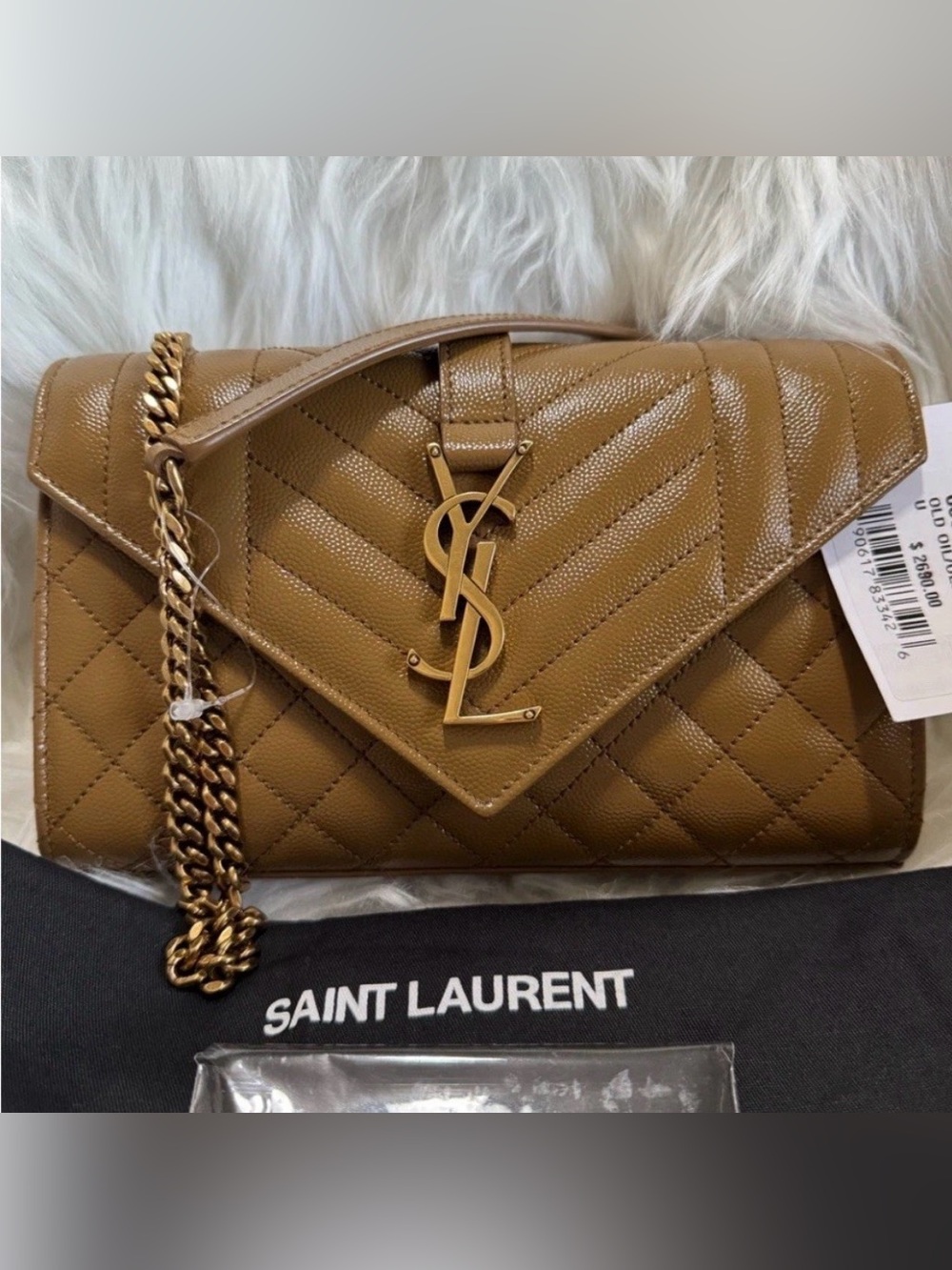 Saint Laurent YSL Small Envelope Quilted Chain Shoulder Bag in Rare Old Oil NWOT